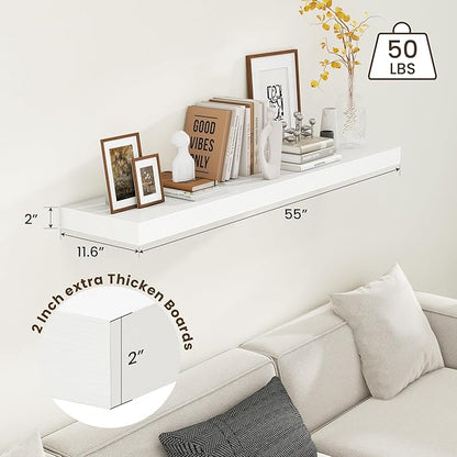 12 Inch Deep Floating Shelves | 55 Inch White Floating Shelves | 55" W x 12" D Rustic Wood Shelves for Wall | Deep White Shelves for Living Room Bathroom Laundry Room Kitchen
