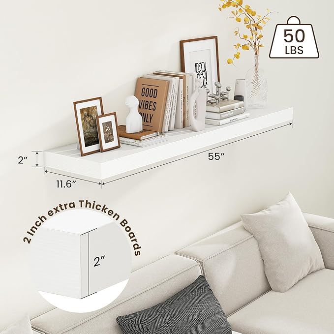 12 Inch Deep Floating Shelves | 55 Inch White Floating Shelves | 55