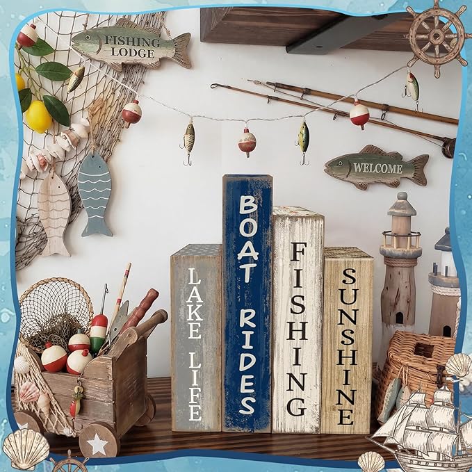 4 Pcs Summer Lake House Decor Stacked Wooden Block Set with Lake Life Boat Rides Fishing Sunshine Blue White Summer Table Decor Wooden Book Signs for Fishing & Boating Lovers Gifts