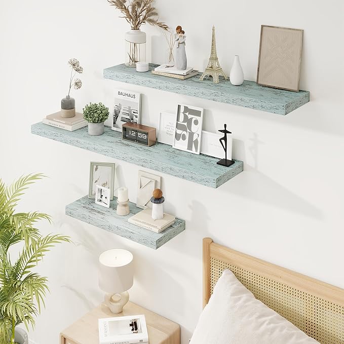 32in Floating Shelves for Wall, 32"W x 9.25"D x 1.25"H, 2 Pack Long Wall Mounted Engineered Wood Shelves with Invisible Brackets for Living Room, Bedroom, Bathroom, Kitchen Decor and Storage, Blue