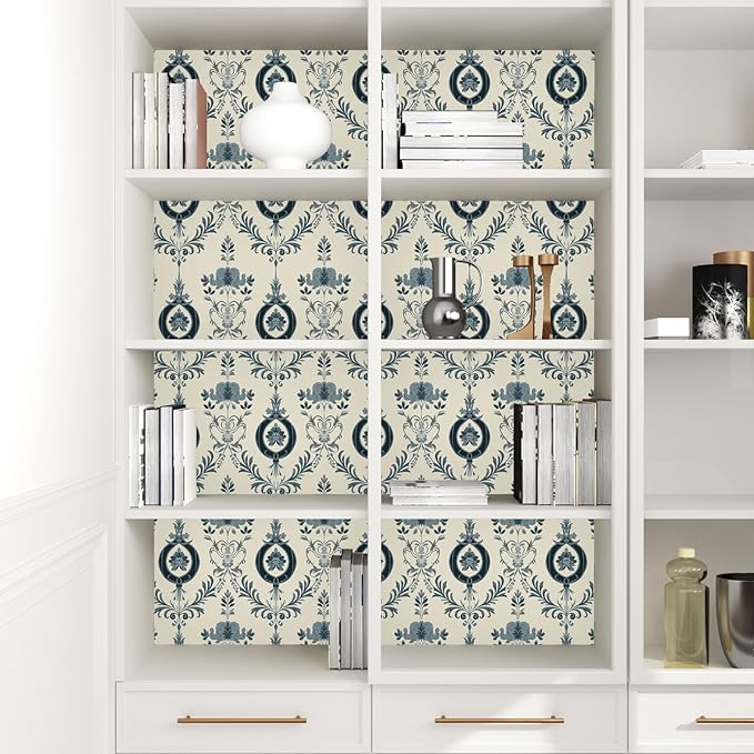 Blue Floral Wallpaper Peel and Stick Vintage Damask Contact Paper 17.5"X118" Vinyl Waterproof Self Adhesive Removable Light Blue Scroll Traditional Style Wall Paper for Bedroom Living Room Cabinets