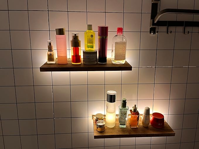 Floating Shelves for Wall Decor Wood Wall Mounted Shelves with LED Lights Set of 2, Sturdy Rustic Wood Shelves Farmhouse Shelf Hanging for Bedroom, Bathroom, Living Room, Kitchen (USB Powered)