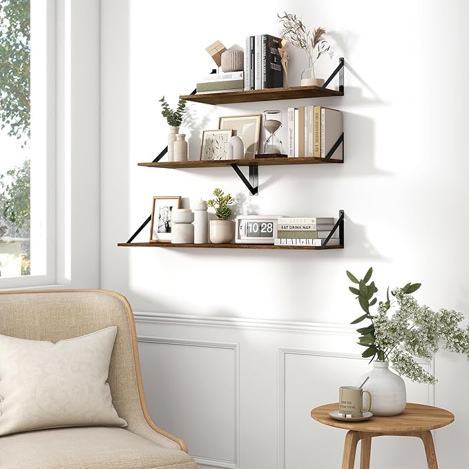 Fun Memories Deep Floating Shelves for Wall, 36W x 8D Wall Mounted Shelves Set of 2, Wide Display Ledge Shelf with Sturdy Metal Brackets for Living Room, Bathroom, Bedroom and Kitchen, Rustic Brown