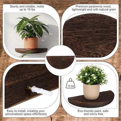 4 Pcs Solid Wood Half Round Floating Wall Shelves, Elegant Floating Wooden Shelves, 8.27 Inch Wall Shelf for Living Room, Bathroom, Bedroom, Offices, Pictures Plant Book (Dark Brown)