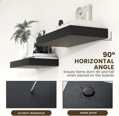 Deep Floating Shelves | 24 Inch Black Floating Shelves Set of 2 | 12 Inch Deep Rustic Wood Shelves for Wall | 24" W x 12" D Black Shelves for Living Room Bathroom Laundry Room Kitchen