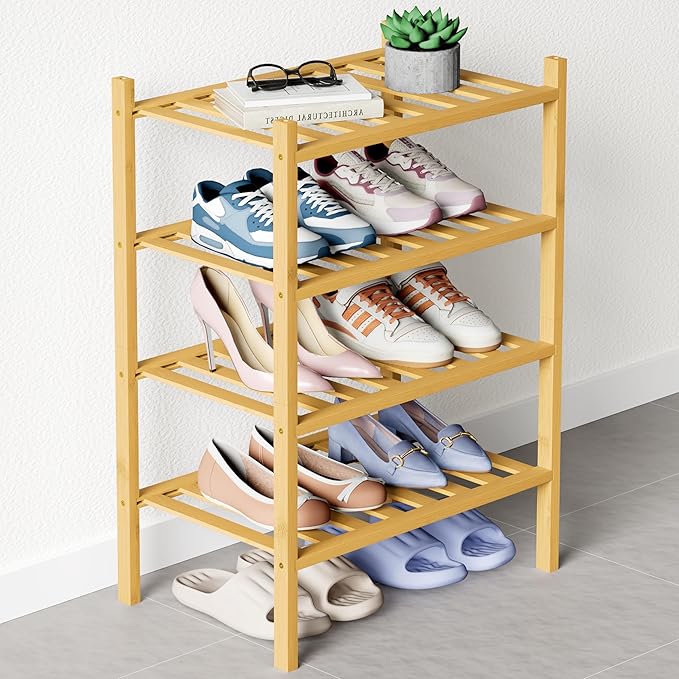 Smiry Bamboo Shoe Rack for Closet, 4 Tier Small Wooden Stackable Shoe Organizer, Free Standing Shoes Storage Shelf for Entryway, Front Door Entrance, Natural