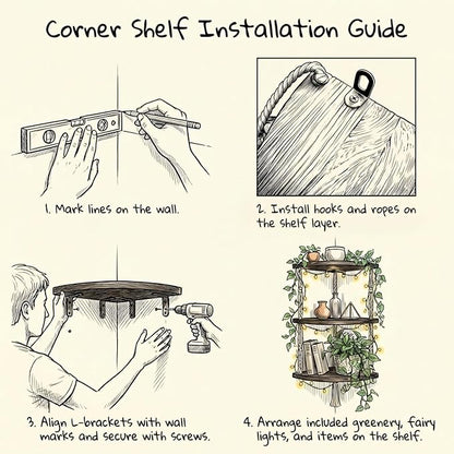3-Tier Corner Floating Shelves with Aesthetic Greenery & Fairy Lights - Premium Wood-Textured Boho Wall Hanging Shelf - Stable L-Bracket Support for Home Decor, Office & Small Spaces