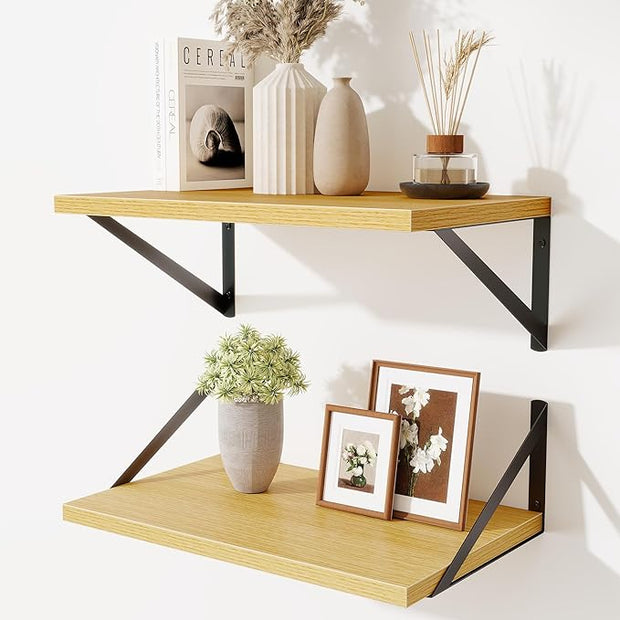 Floating Shelves for Wall,18" Wall Mounted Shelves Set of 2,Wood Floating Shelf with Bracket,Sturdy Metal Bracket Bookshelves Home Decor Storage for Living Room,Bedroom,Bathroom,Kitchen,Oak