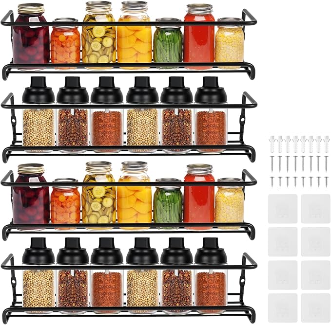 4 Pack Spice Rack Organiser Hanging Spice Shelves Carbon Steel Wall Mount Spice Rack Kitchen Storage Racks Storage Spices and Condiments Spice Jars for Kitchen Cabinet Cupboard Pantry Door