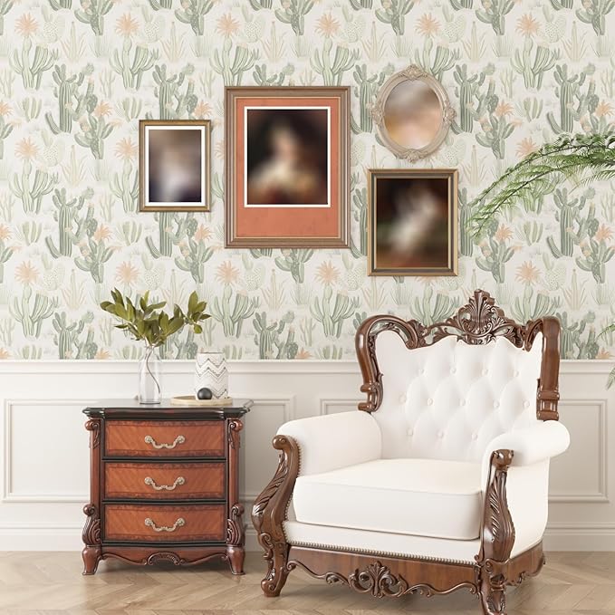 Cactus Wallpaper Peel and Stick, Beige Green Succulent Contact Paper, 17.5