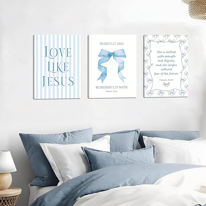 Blue Bow Jesus Wall Art Decor, Light Blue Coquette Dorm Room Wall Decor Paintings, Inspirational Bible Verses Canvas Posters Prints Pictures for Girls Dorm Room, Bedroom, Bathroom 16x24 Inch Framed