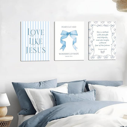 Blue Bow Jesus Wall Art Decor, Light Blue Coquette Dorm Room Wall Decor Paintings, Inspirational Bible Verses Canvas Posters Prints Pictures for Girls Dorm Room, Bedroom, Bathroom 16x24 Inch Framed