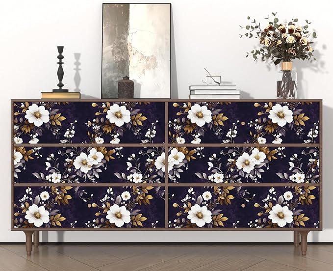 Vintage Floral Wallpaper Peel and Stick Purple White Flowers Contact Paper 17.5" x 118" Wall Paper Self Adhesive Vinyl Waterproof Removable for Kitchen Bathroom Shelves Cabinet Drawer Table Decor