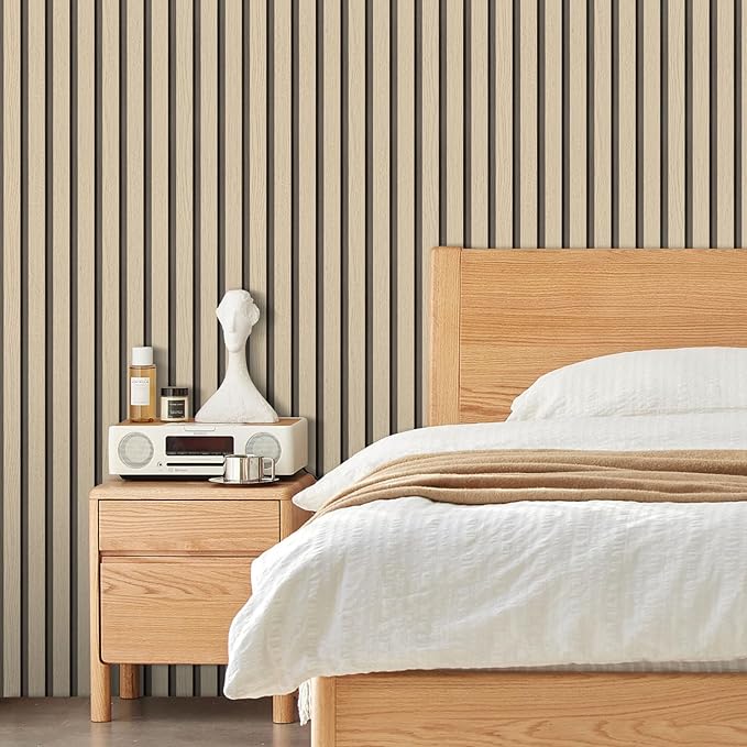 Arthome Wood Slat Wallpaper 17''x393'' Peel and Stick self Adhesive Wood Wallpaper PVC Vinyl Decorative Removable Wallpaper Waterproof Faux Wood Grating Stripe Contact Paper for Living Room (Oak)