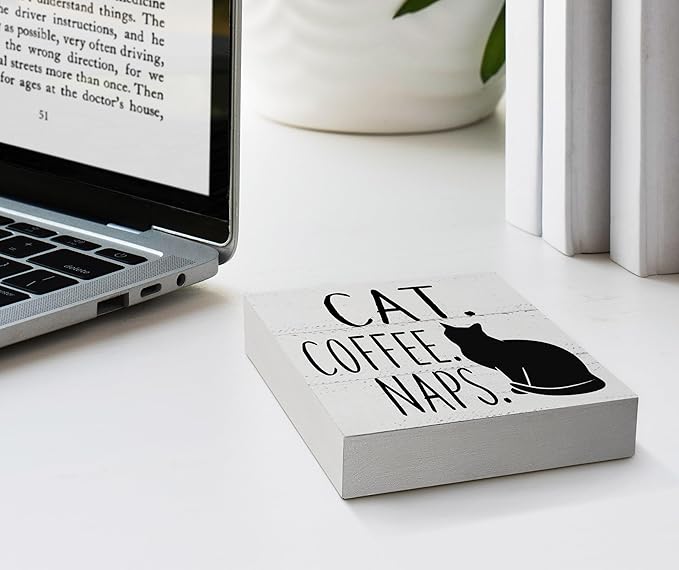 Cat & Coffee Nap Desk Sign, Rustic Wooden Block Decor for Home, Kitchen, Office - Funny Black Cat Theme