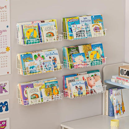 6-Pack White Floating Nursery Book Shelves , Metal Wall Mounted Storage book Shelves for Kids Bedroom, Toddler Room, Baby Nursery Decor, Space-Saving Display Shelves for Books & Toys - 2 Sizes