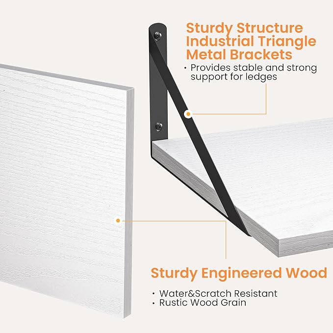 Heimlove White Deep Floating Shelves for Wall, 16W x 12D Wood Wall Shelves Set of 2, Wide Floating Bookshelf for Living Room, Kitchen, Office, Bedroom and Decor Storage, with Black Bracket - White