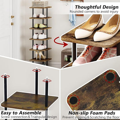 AZERPIAN Shoe Rack 9 Tier Vertical Storage Organizer Narrow Metal Slim Shelf Modern Free Standing Shoe Tower Saving Space for Closet Entryway Bedroom,Black+Rustic Brown