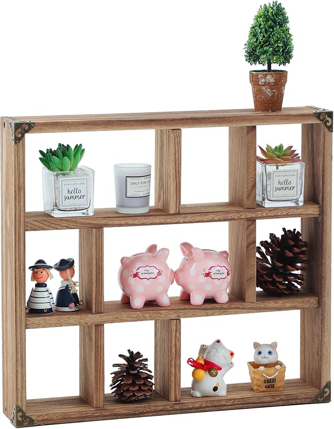 17.7x15.7-Inch Shadow Box Shelf 9-Slot Rustic Wood Floating Shelves Larger Shelf Lightweight Solid Wood Display(9C-Brown)