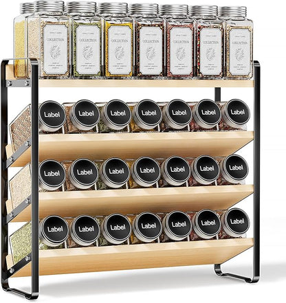 MUDEELA 4 Tier Spice Rack Organizer for Cabinet, Wooden Vertical Spice Shelf, Seasoning Organizer for Countertop, Kitchen, Pantry, Freestanding, 13.4" W × 11.2" H (No Jars Included), Black