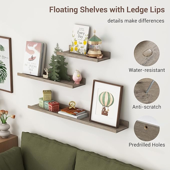 Axeman 36 Inch Floating Shelves | Grey Picture Ledge Shelf Set of 3 | Rustic Grey Wood Wall Shelves with Lip | 36" Picture Shelf for Wall with Ledge | Photo Shelves