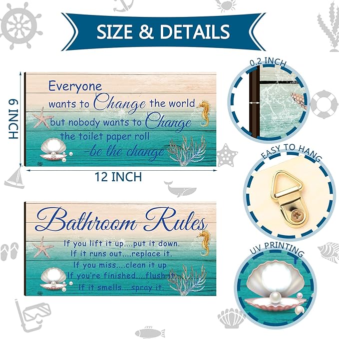 Jetec 2 Pieces Funny Bathroom Signs Bathroom Wall Decor Toilet Wall Accessories Farmhouse Toilet Rustic Wooden Signs, 12x6 Inch(Sea World Style)