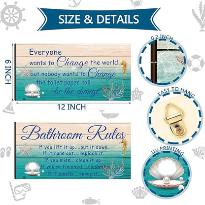 Jetec 2 Pieces Funny Bathroom Signs Bathroom Wall Decor Toilet Wall Accessories Farmhouse Toilet Rustic Wooden Signs, 12x6 Inch(Sea World Style)