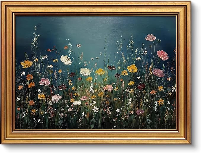 VIYYIEA Gold Framed Art Prints,12x16Inch, Wildflower Floral Vintage Art Painting, Moody Maximalist Decor for Library Bathroom Dining Room Shelf, Rustic Farmhouse Canvas Blue Picture