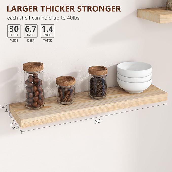 fuqing 30 Inch Floating Shelves | Natural Wood Wall Shelves Set of 2 | 30