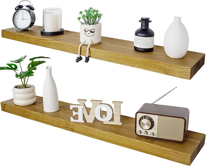 BGMG Wood Floating Shelves for Wall 60 inch Set of 2, Rustic Wooden Wall Mount Shelves for Living Room Bedroom Kitchen Farmhouse-60x6.7x1.75 inch- Gold Oak
