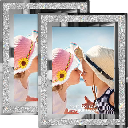 IZIDDO 5x7 Picture Frames Set of 2, Glitter Glass Photo Frame for Tabletop Display, Gift Picture Frame, Horizontally or Vertically