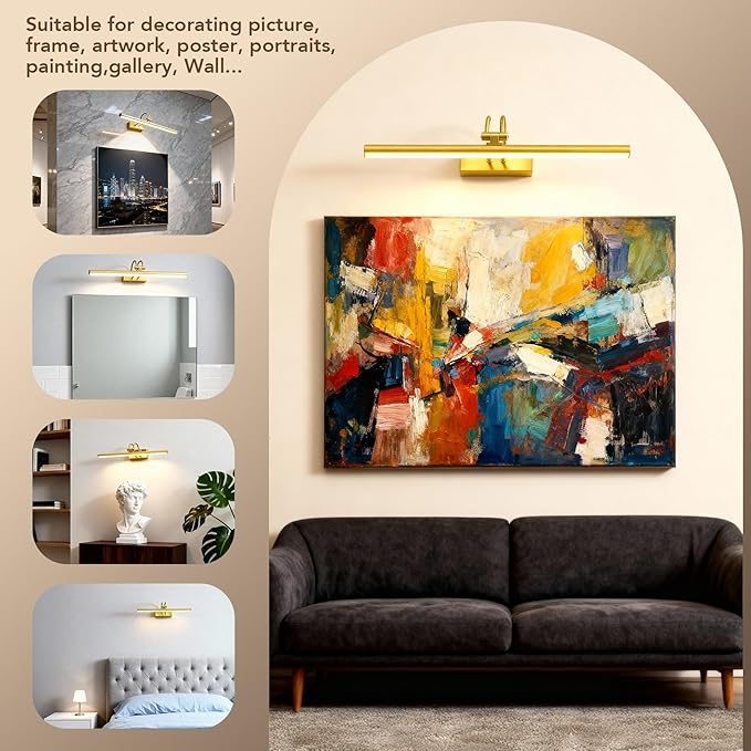 Picture Light,Picture Lights for Wall Cordless,16" Picture Lights with Timer and Dimmable,Battery Wall Lights for Display Gallery Painting Art Frame Portrait-Plated Gold 2Color