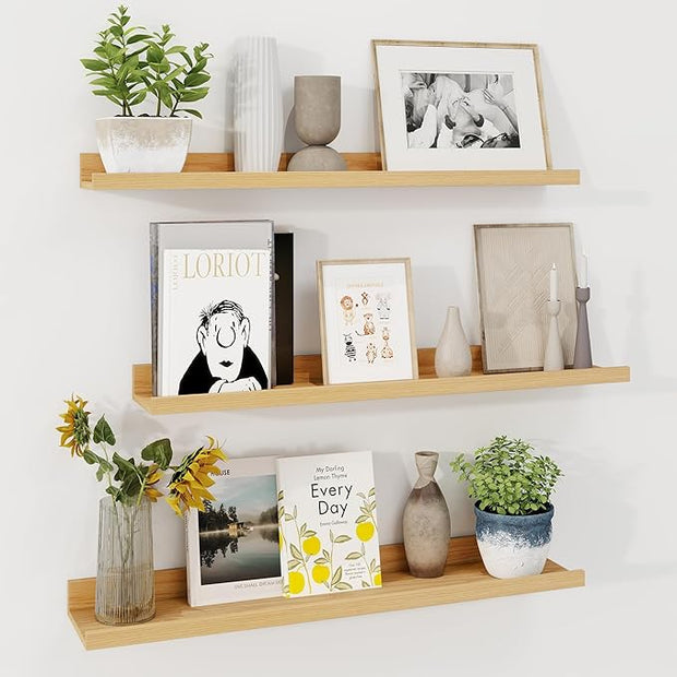 Axeman 30 Inch Floating Shelves | Oak Picture Ledge Shelf Set of 3 | Rustic Wood Wall Shelves with Lip | 30" Oak Picture Shelf for Wall with Ledge | Photo Shelves