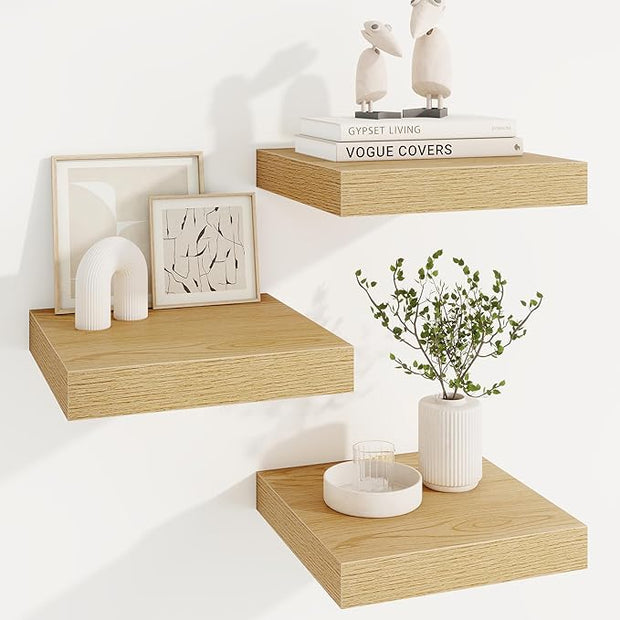 Marsmiles Square Floating Shelves for Wall, 12" W x 12" D x 1.5" H, 3 Pack Small Wall Mounted Engineered Wood Shelves with Invisible Brackets for Living Room, Bedroom, Bathroom, Kitchen Decor, Oak