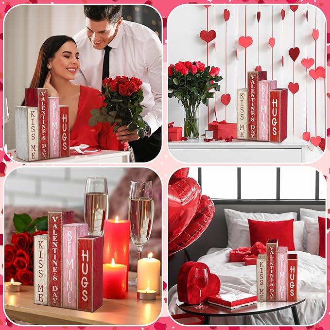 4 Pcs Valentines Day Decoration Wooden Book Valentine's Day Table Decoration Pink Red and White Valentines Tiered Tray Decor Wood Book Sign Farmhouse for Wedding Home Shelf Coffee Table