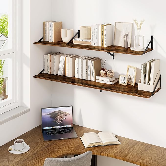Fun Memories Floating Shelves for Wall, 12 Inch Deep Floating Shelves Set of 2, 55W x 12D Large Wall Shelf with Sturdy Metal Brackets for Living Room, Bathroom, Bedroom and Kitchen, Rustic Brown