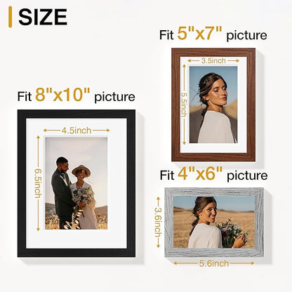 Vittanly 10 Pack Picture Frames, Picture Frames Collage Wall Decor with Two 8x10, Four 5x7 and Four 4x6 Photo Frames, Gallery Wall Frame Set for Wall or Tabletop Display, Black, Walnut Brown and Grey