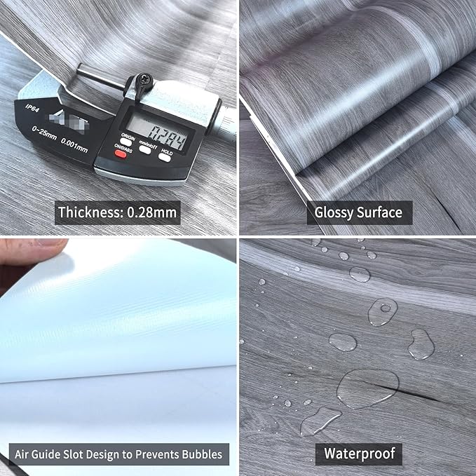 BOMENG Wood Grain Contact Paper Grey Wood Look Wallpaper Peel and Stick Countertop Covers with Air Guide Slot Design 16x118inch Kitchen Cabinet Wallpaper Cabinet Vinyl Wrap Natural Wood Stickers Paper