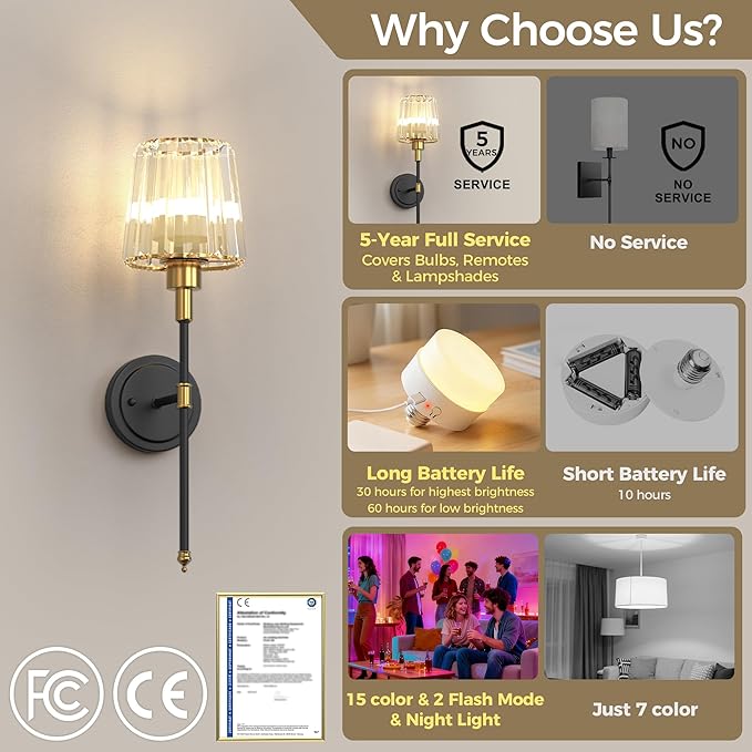 DORESshop Battery Operated Wall Sconce Set of 2, Wireless Wall Light, 15 Color Rechargeable Wall Sconces, Sconce Wall Decor Set of 2 for Bedroom, Living Room, Gold and Black Crystal, 24.6in
