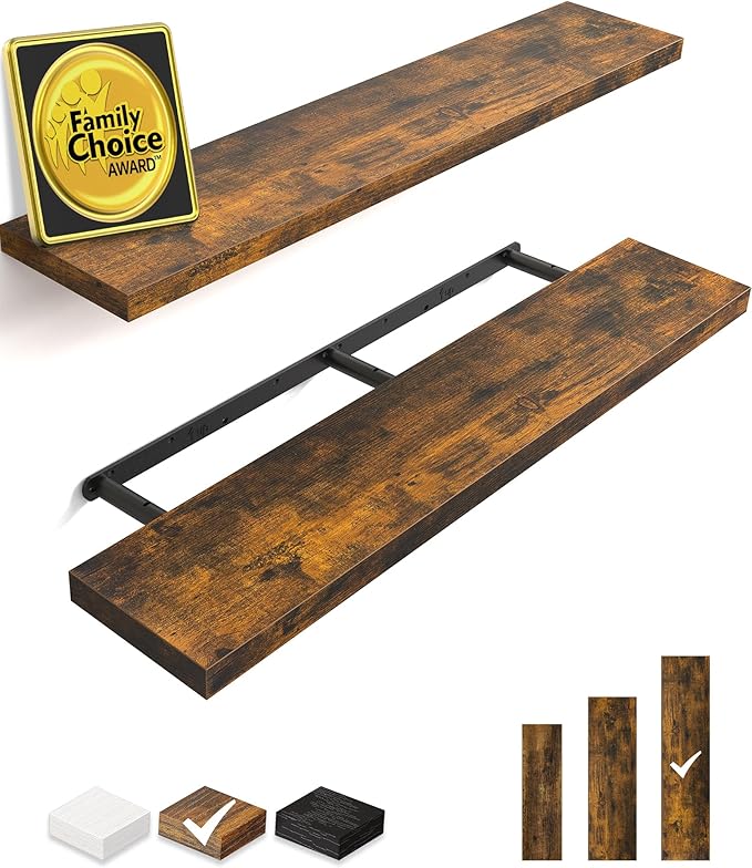BAYKA Floating Shelves, 48 inches Long Wall Mounted Rustic Wood Shelves for Bathroom, Bedroom, Living Room, Kitchen, Office, Hanging Shelf for Books/Storage/Decor(Rustic Brown,Set of 2)