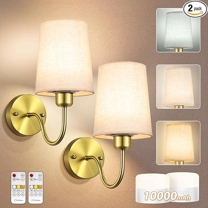 Battery Operated Wall Sconce Set of 2, Rechargeable Wall Sconces with 10000mAh Dimming Magnetic Bulb, Wireless Battery Powered Wall Lights with Pleated for Bedroom Living Room Gallery Hallway,Gold