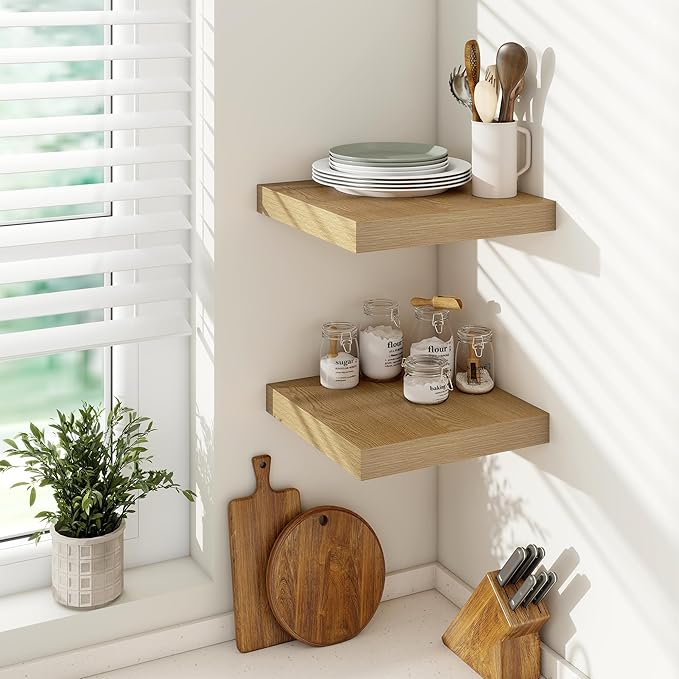 Vivelove 12 Inch Deep Floating Shelves 12 inch Long, 2 Inch Thick Wall Shelves with Invisible Brackets, Shelf for Bedroom Bathroom Living Room Kitchen Office Home Decor, Modern Shelf Set of 2, Oak