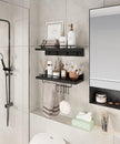 Wood Floating Shelves with Metal Hooks, Wall Mounted Coat Rack with Shelf Set of 2, Bathroom Wall Shelf with Removable Towel Bar, Hanging Shelves with 9 Hooks for Kitchen Entryway Coffee Bar, Black