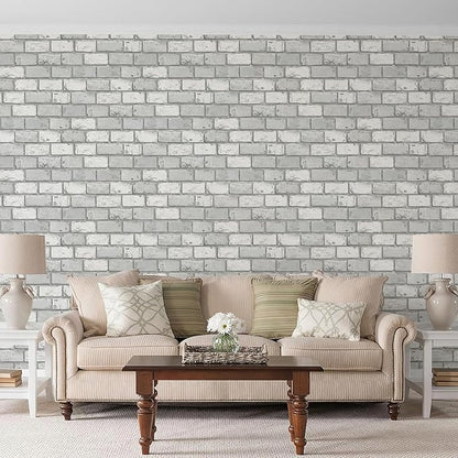 JiffDiff Brick Wallpaper Peel and Stick, Removable Vintage Self Adhesive Wallpaper Renter Friendly Textured Stick on Wallpaper Contact Paper （17.3" x 120" Gray Brick）