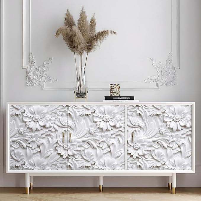 LACHEERY 3D Embossed Wallpaper White Floral Peel and Stick Wallpaper Modern Self Adhesive Removable Leaf Flower Contact Paper for Cabinets and Drawers Bedroom Living Room Wall Paper Roll 17.5