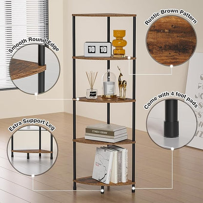 Corner Plant Stand Shelf, 5 Tier Tall Shelf Plant Stand for Indoor Plants, Rustic Brown Corner Bookshelf Wall Decor Living Room, 44.1" Display Shelf for Bedroom, Bathroom, Small Space