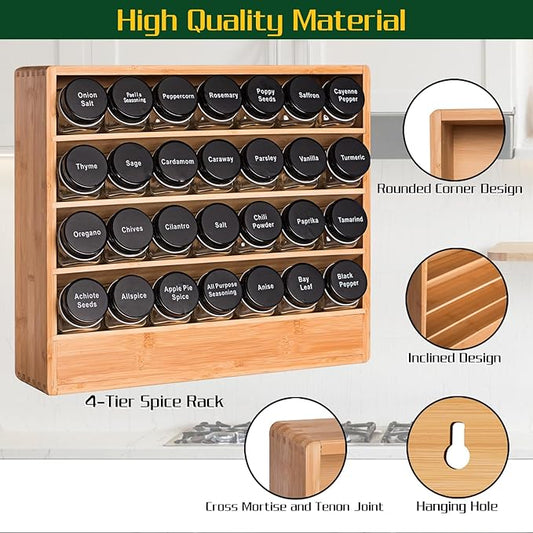 Bamboo Tiered Spice Rack Organizer for Cabinet,Wooden Seasoning Rack for Countertop, Cupboard, Pantry, Kitchen (Spice Jars Not Included)