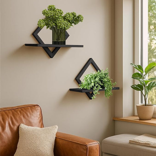 Floating Shelves for Wall,Decorative Wall Shelf,Hanging Shelf for Plants Storage Display Holder,Indoor Decor for Living Room Home Office Bathroom Bedroom,Solid Wood,Diamond Shaped,2 Pack(Black)