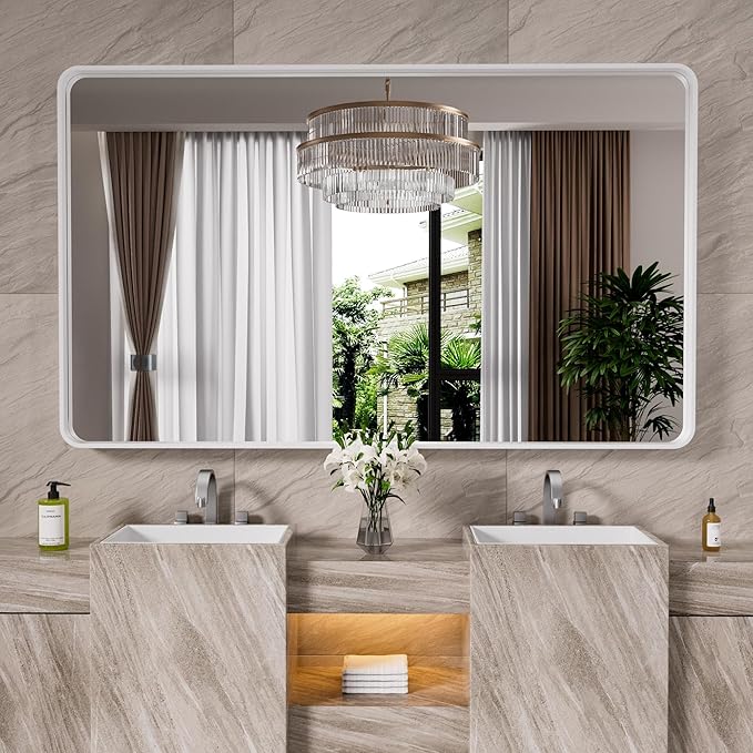 White Bathroom Mirror 50x30 Inch, White Metal Framed Bathroom Mirror for Wall, Rounded Rectangle Matte Bathroom Vanity Mirror, Tempered Glass, Anti-Rust, Horizontal/Vertical