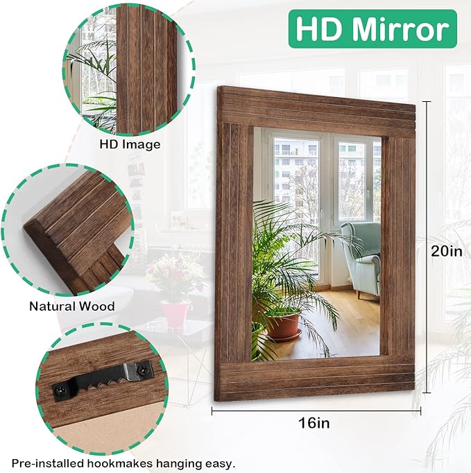 Wood Mirror Rectangular Framed Rustic Vintage Mirrors Decor Farmhouse Bedroom Bathroom Mirror for Dressing Table Entrance Large 20